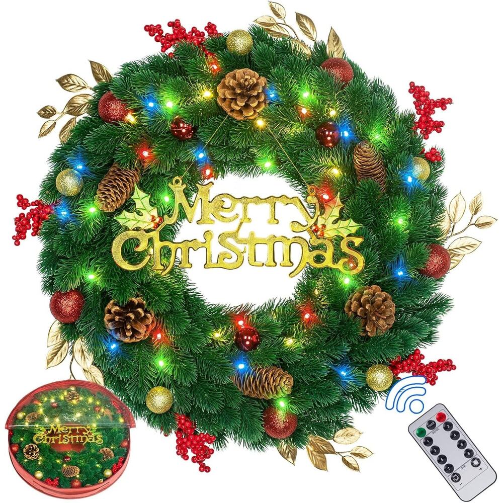 24 Inch Pre-Lit Artificial Christmas Wreath 45 LED‎ Lights Battery Remote Timer